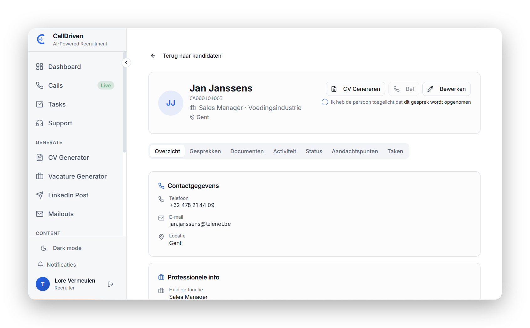 Kandidaatprofiel in CallDriven met het toestemmingsvakje vóór de opname en de knop CV Genereren